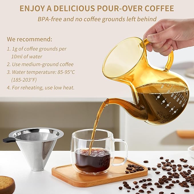 Unbreakable - Pour Over Coffee Maker with Double Stainless Filter 27 fl oz Thickened Heat-Resistant Borosilicate Glass Pour Over Coffee Dripper Stovetop Safe