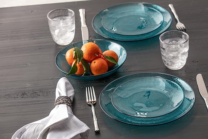 Fortessa Los Cabos Glass Dinnerware Collection Coupe Entrée Bowl (Set of 4) 8.6 Inch/25oz Lagoon Blue