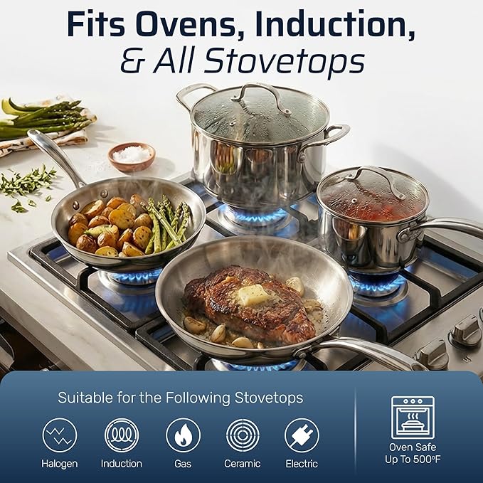 Gotham Steel 10 Pcs Tri Ply Stainless Steel Cookware Set Pots and Pans Set with Induction Bottom Made Without PTFE PFOA PFOS Metal Utensil Safe Oven and Dishwasher Safe