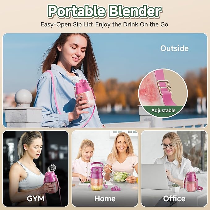 Portable Blender Prasky Personal Blenders for Shakes and Smoothies with 31oz Cup Lid and Shoulder Strap Type-C USB Rechargeable Personal Size Blenders BPA-free for Travel/Kitchen(Rose Red)