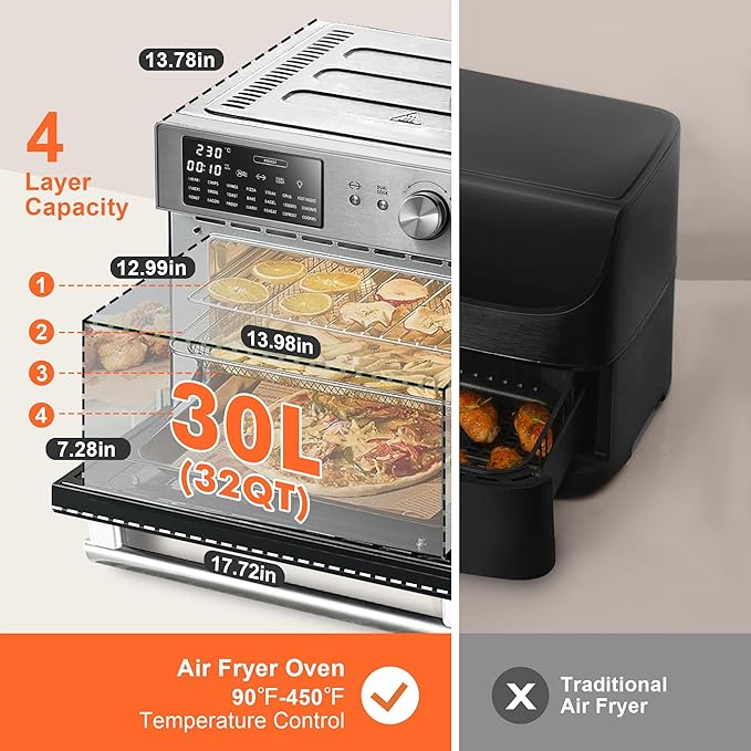 Kitchen in the box 32QT Extra Large Air Fryer Toaster Oven Combo 21-in-1 Countertop Convection Toaster Oven with Rotisserie and Dehydrate 6 Accessories 1800W Dual Cook Preset (Silver)