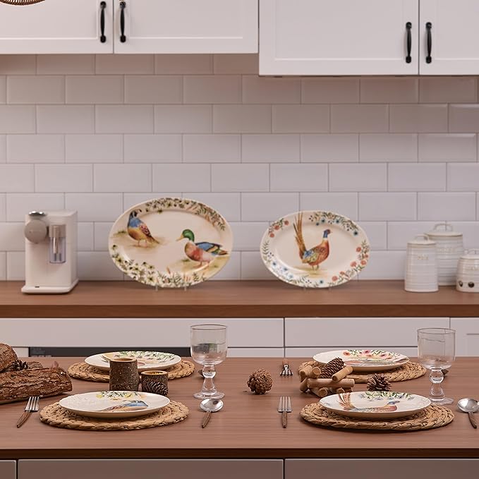 Bico Autumn Birds 16 plus 14 inch Oval Platters Set Set of 2 Microwave and Dishwasher Safe for Serving Fish Chicken Turkey
