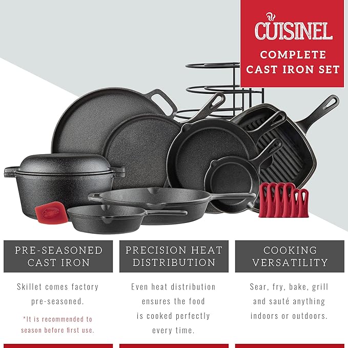 Cuisinel Cast Iron Cookware 18-Piece Set - Pre-Seasoned 6 + 8 + 10 + 12 Skillet + Grill Pan+Lid + Griddle + Pizza Pan + Dutch Oven+Pan Cover + Panrack + Silicone Handle Grips + Pan Scraper/Cleaner