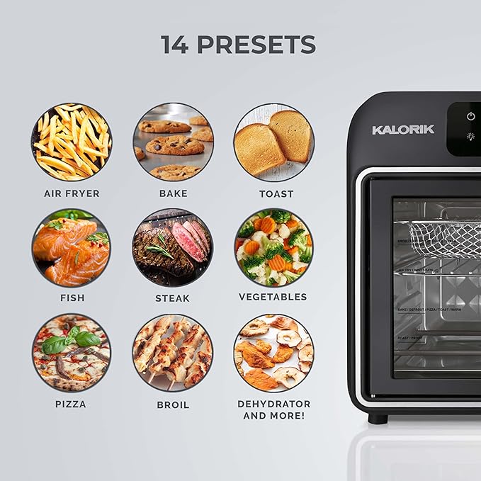 Kalorik Air Fryer Convection Oven Designer Series 26-Quart with Dual Speed Fan Easy Pull French Doors and 14 Smart Cooking Presets Includes 5 Cooking Accessories 1700-Watts Black