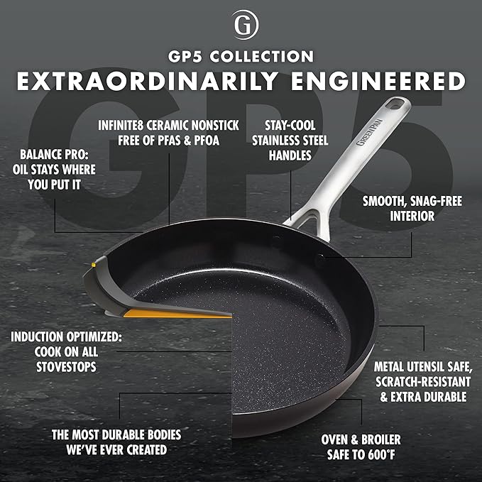GreenPan GP5 Hard Anodized Healthy Ceramic Nonstick 14 Piece Cookware Pots &amp Pans SetHeavy Gauge Scratch Resistant Stay Flat SurfaceInduction Mirror Finish HandleOven Safe PFAS-Free Black