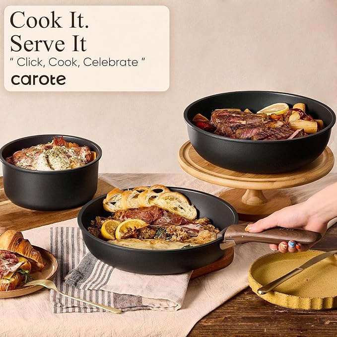 19-Piece Non-Stick Cookware Set with Detachable Handles - Versatile Induction Safe Pots and Pans for Easy Cooking and Storage