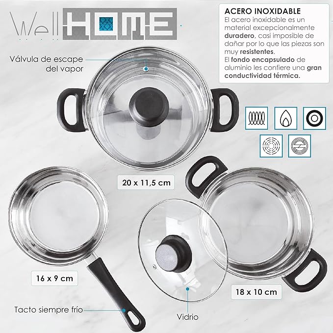 Cookware Set 5 Pieces Stainless Steel + 3-Piece Pan Set Diameter 16 x 20 x 24 cm Pressed Aluminium Metallic Grey