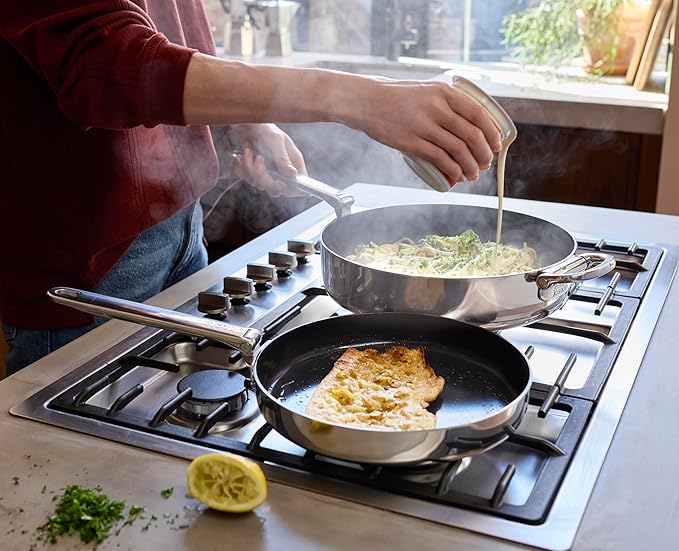 Joseph Joseph Space Steel 2-Piece Nonstick Stainless-Steel Frying Pan Skillet Set Nesting with Folding Handles Induction &amp Oven Safe