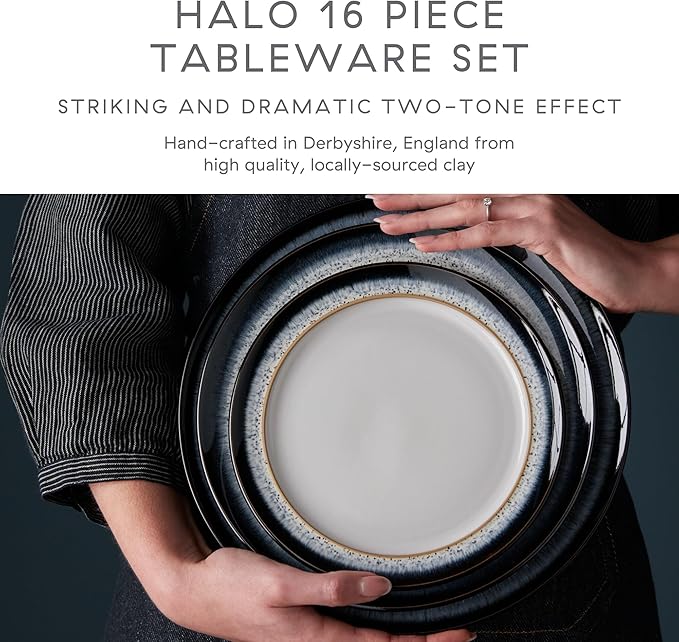 Denby - Halo Dinner Set for 4-16 Piece Tableware - Dishwasher Microwave Safe Stoneware Crockery - Reactive Glaze Black Grey Colour - Set of 4 Dinner Plates Small Plates Cereal Bowls Coffee Mugs