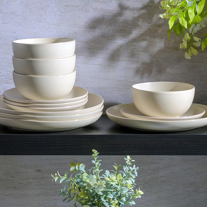Gibson Home Rockaway 12-Piece Round Stoneware Dinnerware Set Service for 4 – Cream Plates and Bowls Modern Matte Finish Microwave &amp Dishwasher Safe