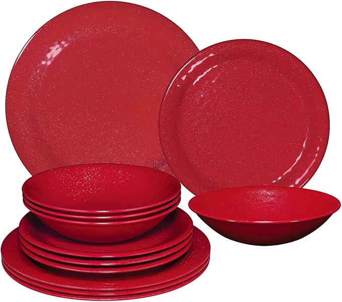 UPware 12 Piece Twinkle Dust Melamine Dinnerware Sets Outdoor Dishes Set Plates and Bowls Sets Christmas Decorations Service for 4 Red