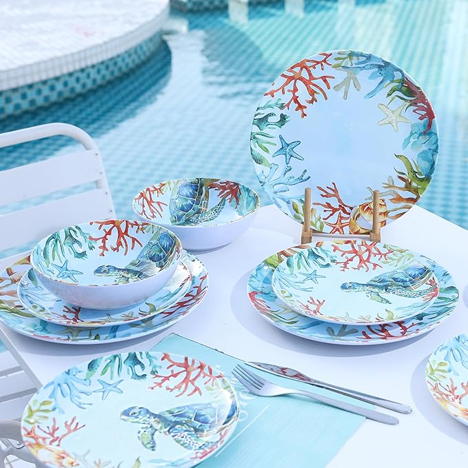 12-Piece Melamine Turtle Dinnerware Set &amp Service platter Unbreakable Lightweight Tableware Set - Turtle