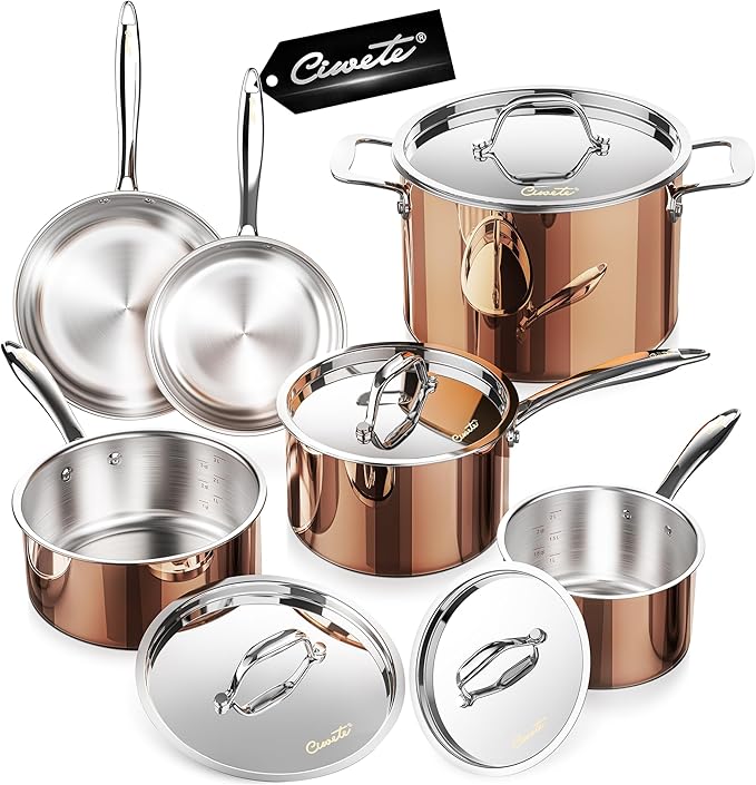 Whole Tri-ply 18/10 Stainless Steel Cookware Set 10 Pcs Elegant Copper Pots and Pans Set Induction Cookware Frying Pans Saucepans &amp Stock Pot with Lid Ideal Gift for Wedding Housewarming