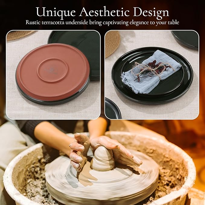 E-far Stoneware Dinnerware Sets for 4 12 Pieces Reactive Glaze Plates and Bowls Sets Elegant Dishes with Rustic Terracotta Base Dishwasher &amp Microwave Safe Scratch Resistant Blackish Green