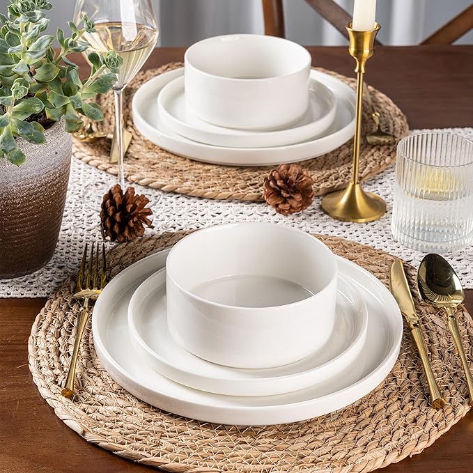 LERATIO Ceramic Dinnerware SetsHandcraft Embossed Stoneware Plates and Bowls SetsHighly Chip and Crack Resistant | Dishwasher &amp Microwave &amp Oven Safe Dishes setService for 4 (12pc)-White