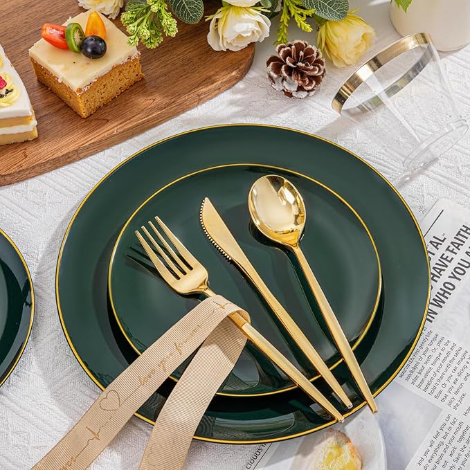 bUCLA 150PCS Green Plastic Plates - Green and Gold Disposable Include 25 Each (Dinner &amp Dessert) Plates 25 Knives 25 Forks 25 Spoons and 25 Cups Ideal for Party&ampChristmas