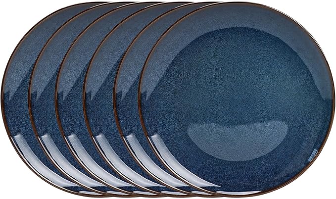 Organic Shape Highland Ceramic Dinner Plates 6pcs 11.65 Inch Handmade Reactive Glaze Dinnerware Sets with Wavy Edge for Kitchen Microwave &amp Dishwasher Safe Scratch Resistant-Blue