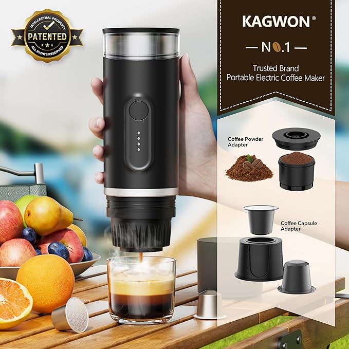Portable Electric Espresso Machine Self-Heating Travel Coffee Maker with USB-C Compatible with Ground Coffee &amp NS Capsules Ideal for Camping Car RV Hiking &amp Office (Black)