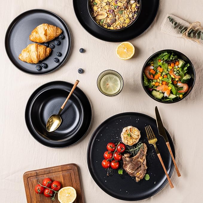 AmorArc Ceramic Dinnerware Sets Wavy Rim Stoneware Plates and Bowls SetsDishwasher &amp Microwave &amp Oven Safe Dishes set Service for 4 (12pc)-Matte Black