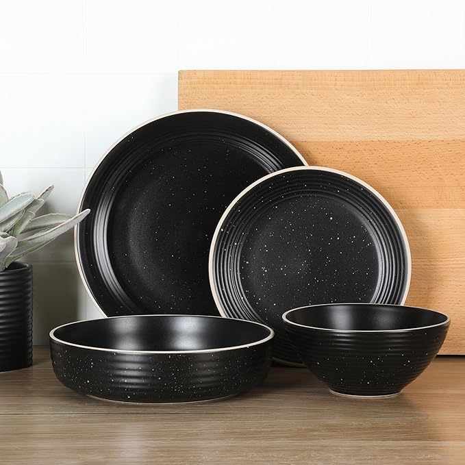 Gibson Home Dinah 16-Piece Matte Black Stoneware Dinnerware Set – Double Bowl Embossed Speckled Design Durable Kitchen Dinner Set