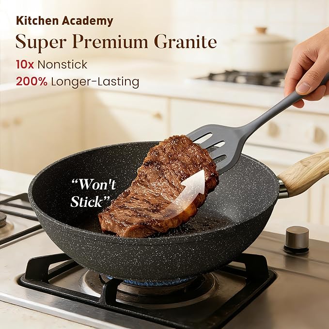Kitchen Academy Induction Cookware Sets - 12 Piece Gray Cooking Pan Set Granite Nonstick Pots and Pans Set