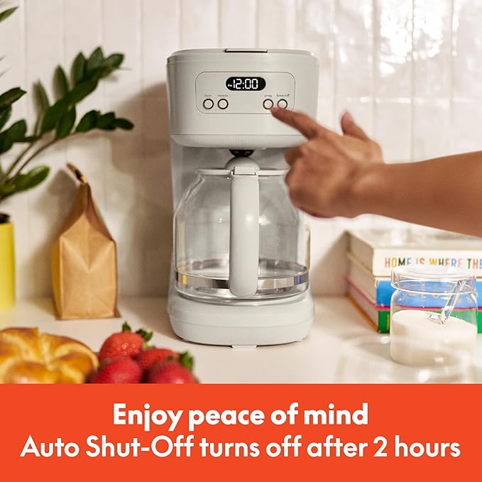 BELLA 12 Cup Programmable Coffee Marker Reusable Dishwasher Safe Accessories Easy LCD diaply Auto Shutoff 900 watt Oatmilk