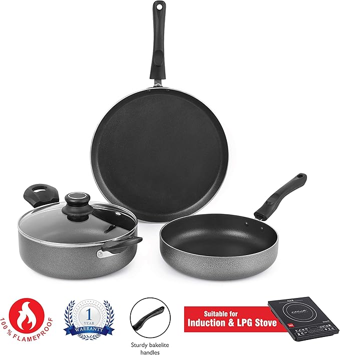 Cello Prima 3-Piece Non-Stick Aluminium Cookware Set – Hammertone (28 cm Dosa Tawa 22 cm Kadai with Glass Lid 22 cm Fry Pan) | Induction Base PFOA-Free Sturdy Handles Ideal Gift Set