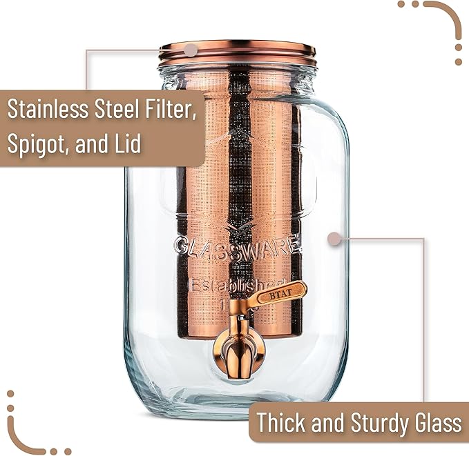 BTaT- 1 Gallon Cold Brew Coffee Maker Thick Glass Pitcher with Stainless Steel Filter Lid &amp Spigot Iced Coffee &amp Sun Tea Brewer Large Mason Jar Cold Brew Container Fast Iced Tea Maker for