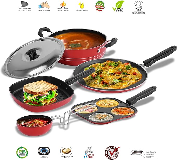 Sumeet Aluminium Dosa Tawa Multi Snack Maker Grill Pan And Kadhai With Lid Tadka Pan Cookware Set 1.1 L 1 Dosa Tawa1 Mini Multi Snack Maker1 Kadhai With Lid1 Grill Pan1 Tadka Pan (Red)