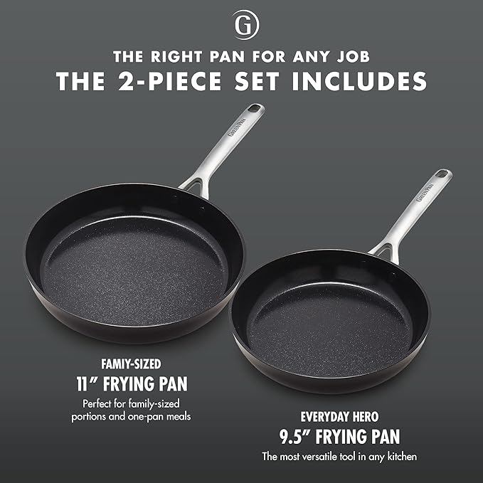 GreenPan 9.5” &amp 11” Ceramic Nonstick Frying Pan Skillet Set PFAS-Free Hard Anodized Cookware Induction Compatible &amp All Cooktops Dishwasher &amp Oven Safe GP5 Stay-Flat Surface Black