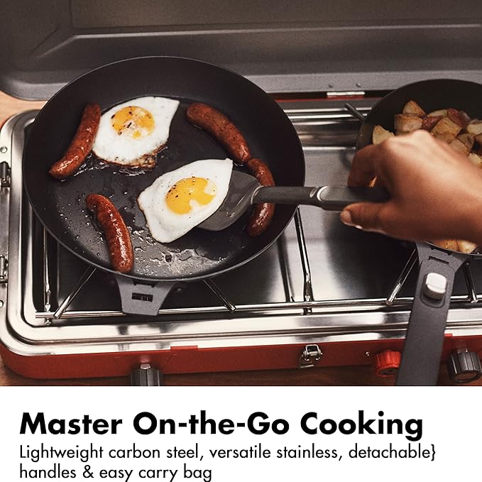 OXO Outdoor 8 Piece Camping Cookware Set 10 Pre-Seasoned Carbon Steel Frying Pan Skillet 2.25QT and 5QT Stainless Steel Saucepans with Lids Removeable Handle Trivet Travel Bag Space-Saving