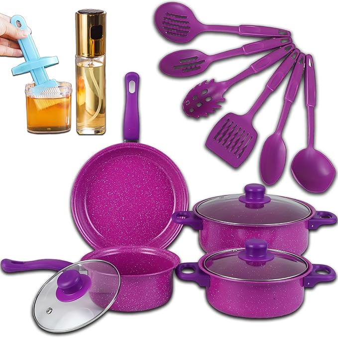 7-Piece Non-Stick Aluminum Cookware Set - Pots and Pans Pot &amp Pan Sets Nonstick with Lids for Frying Boiling Stewing &amp Sauteing (Purple)
