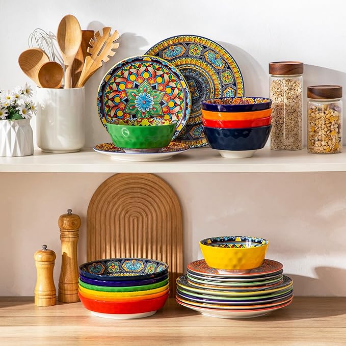 vancasso 24 Pieces Plates and Bowls Set Bohemian Style Dinnerware Sets Service for 6 Porcelain Boho Dishes Set for Kitchen Housewaring Gift Dishwasher and Microwave Safe Series KRVI