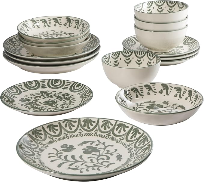 Bloomhouse - 2-Time Oprah’s Favorite Things - Valencia Flor 16 Piece Dinnerware Set Artisanal Decorated Stoneware Plates &amp Bowls Service for 4 Microwave &amp Dishwasher Safe Fern Green