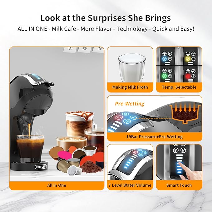 KOTLIE Single Cup Coffee Maker Multi Capsule Machine Compatible With Various Capsule Types 4 Temperature Settings 7 Water Volume Levels19 Bar(Glossy Black)
