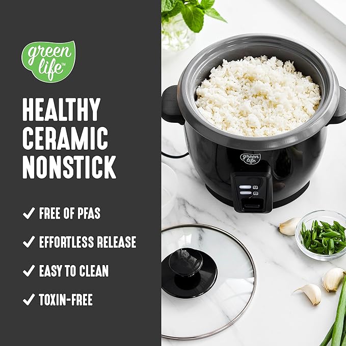 GreenLife Rice Cooker with Removable PFAS-Free Ceramic Nonstick Pot 3-Cups Uncooked/6-Cups Cooked Grains &amp Oatmeal Multicooker Compact One-Switch Design Auto Keep Warm Easy Clean Black