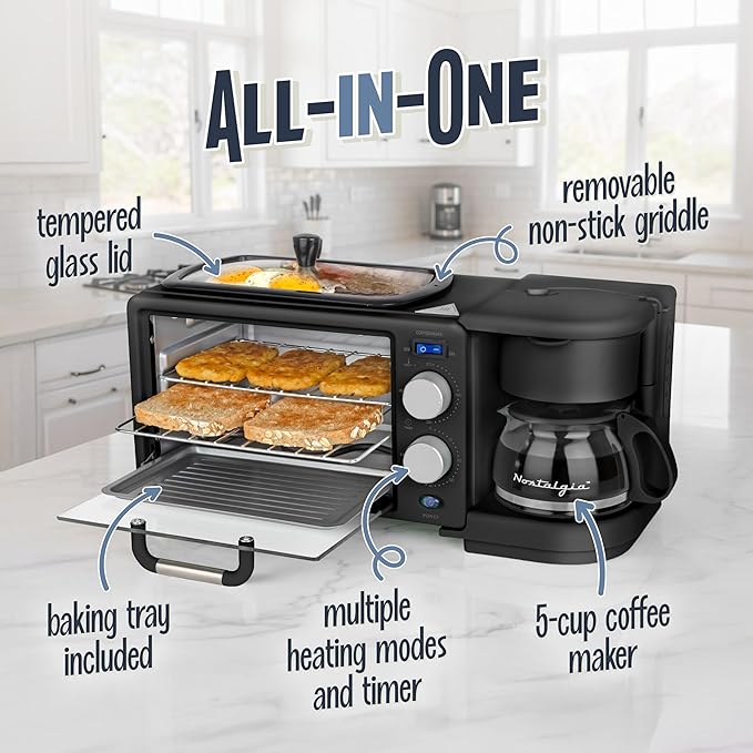 Nostalgia 3-in-1 Retro Breakfast Station - Includes 5 Cup Coffee Maker Non-Stick Ceramic Griddle and 4-Slice Toaster Oven - Built-In Timer Reusable Coffee Filter Space-Saving Design - Black
