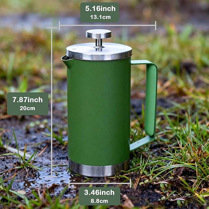 Stainless Steel French Press Coffee Maker 21OZ 600ml Coffee Press Tea Press for Personal Office TravelCamping (Green 1-3 Cups)