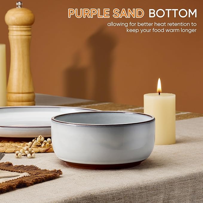 Vesteel 12-Piece Dinnerware Set Ceramic Plates and Bowls Set for 4 Reactive Glaze Tableware Set with Purple Clay Base for Home Chip &amp Scratch Resistant Stoneware Moonlight White