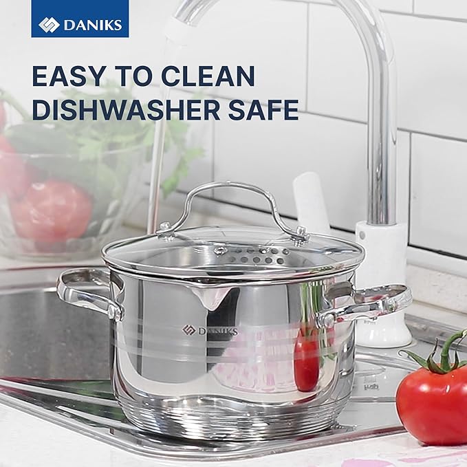 Daniks Tokio Stainless Steel Stock Pot 2 Quart with Glass Strainer Lid Induction Ready Dishwasher Safe Measuring Scale Silver