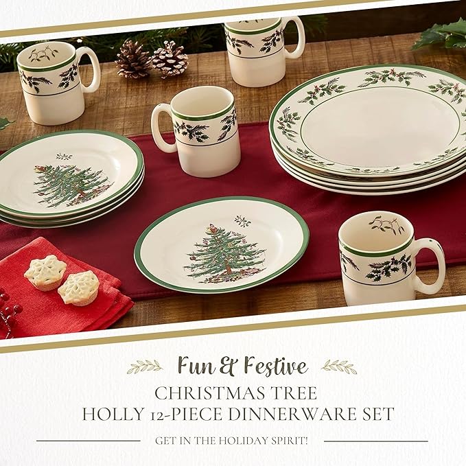 Spode Christmas Tree 12-Piece Dinnerware Set (Service for 4) - Festive Holiday Tableware with Plates &amp Mugs - Fine Earthenware Christmas Dinnerware - Microwave &amp Dishwasher Safe