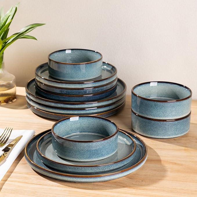 GBHOME Ceramic Dinnerware Sets for 4 12 Pieces Stoneware Plates and Bowls Sets Reactive Glaze Dishes -Scratch Resistant Dishwasher&ampMicrowave Safe