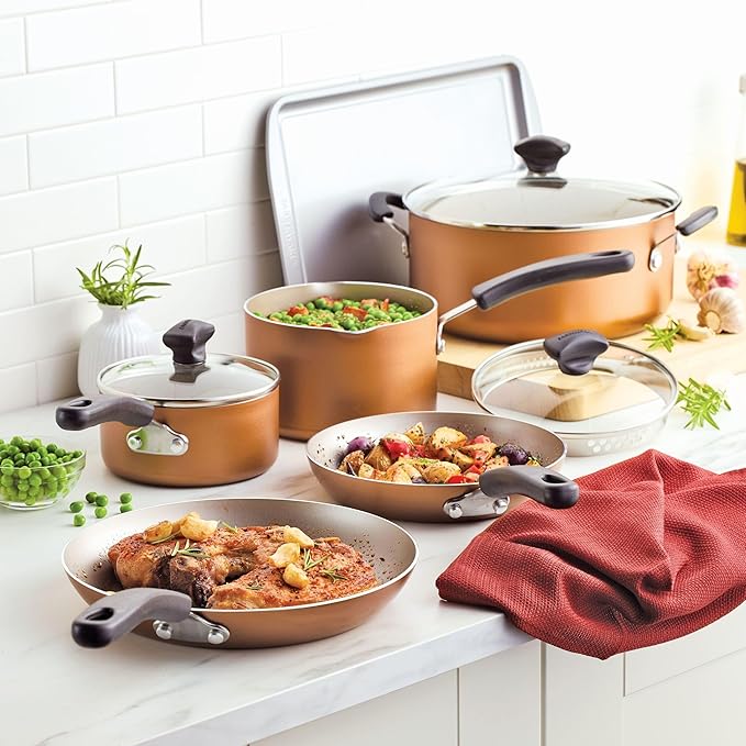 Farberware Cookstart DiamondMax Nonstick Cookware/Pots and Pans Set Dishwasher Safe Includes Baking Pan and Cooking Tools 15 Piece - Copper