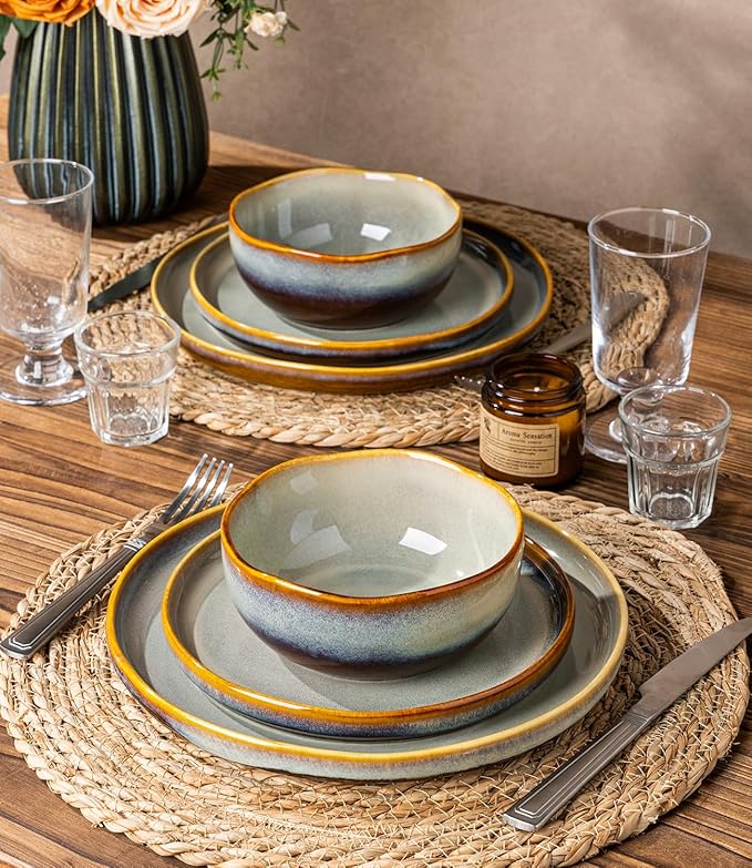 TheTerra Ceramic Dinnerware Sets for 4 12 Pieces Handmade Reactive Glaze Plates and Bowls Sets Scratch Resistant Dish Set Oven &amp Microwave &amp Dishwasher Safe Brown Blue
