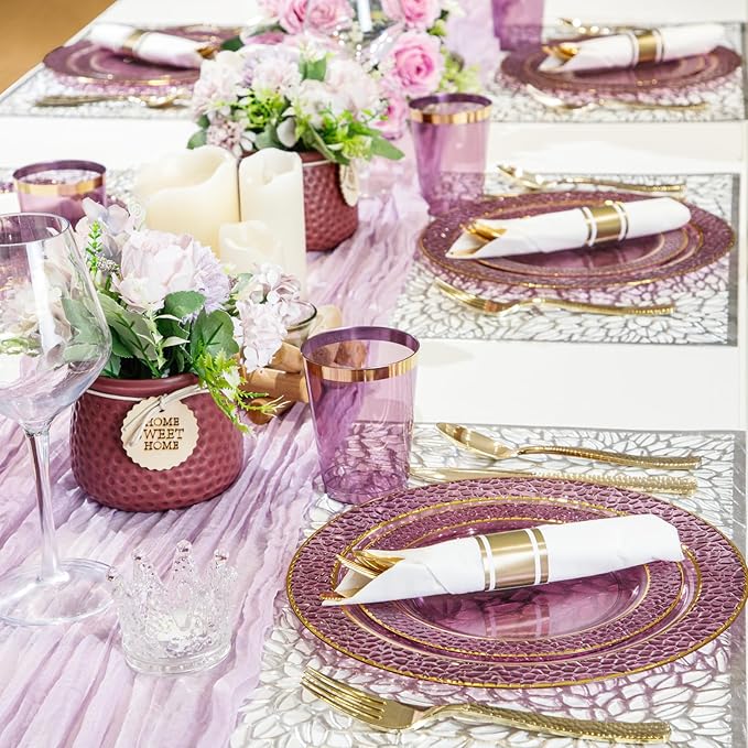 Nervure 400PCS Pre Rolled Gold Plastic Silverware Sets - Heavy Duty Hammered Gold Cutlery Include 100 Pack Wrapped Disposable Utensils with Napkins for Parties Dinners &amp Weddings