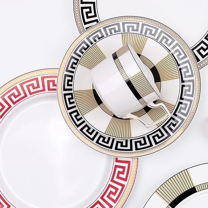 Bone China Dinnerware Set for 2 8 Pieces Premium Black Gold Striped Dinner Plate with Teacup and Saucer Luxury Plate Set for Brunch Wedding Housewarming and Special Occasions