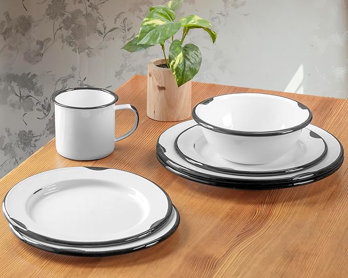 Red Co. 16-Piece Enamelware Metal Dinnerware Set for 4 Distressed White/Black Rim