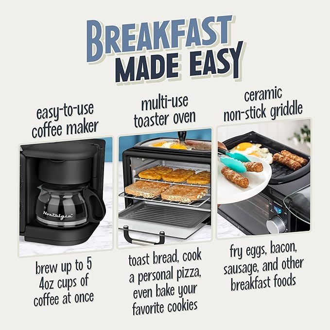 Nostalgia 3-in-1 Retro Breakfast Station - Includes 5 Cup Coffee Maker Non-Stick Ceramic Griddle and 4-Slice Toaster Oven - Built-In Timer Reusable Coffee Filter Space-Saving Design - Black