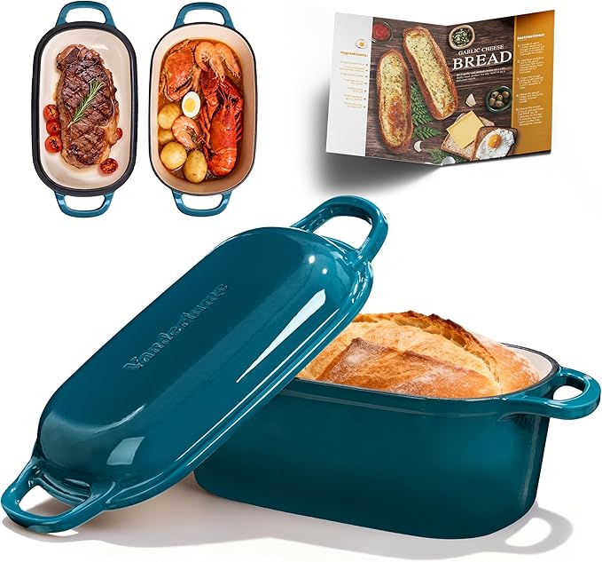 4.6-Quart Oval Dutch Oven for Bread Baking 2 in 1 Enameled Cast Iron Bread Pan with Lid Sourdough Bread Dutch Oven for a Crispy Crust Teal