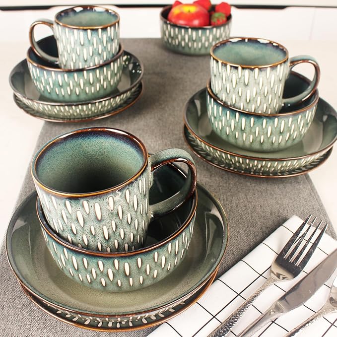 Dinnerware Sets 16 Pieces - Round Reactive Glaze Tableware - Kitchen Dinnerware Porcelain Crockery with Dinner Plate Bowl and Soup Plate Service for 4 Microwave Dishwasher Safe Set No.4